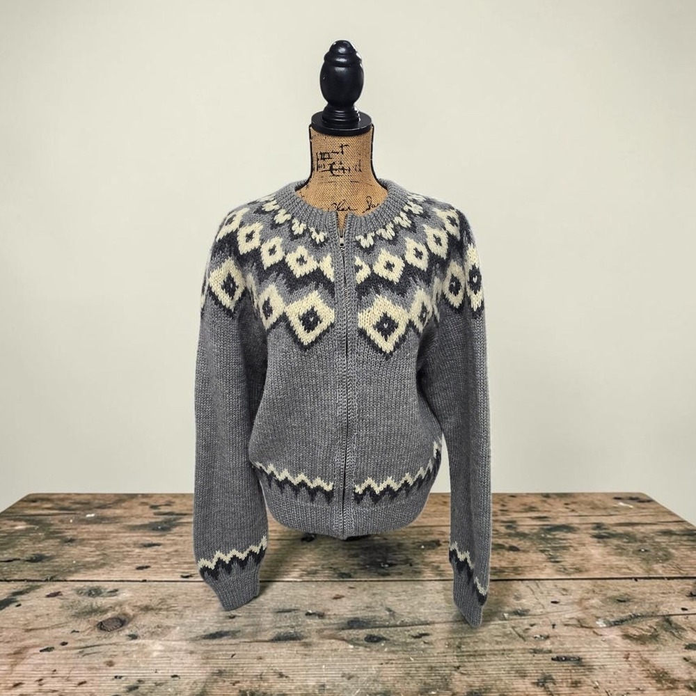LL Bean Cardigan Nordic Fair Isle Wool Sweater Full Zip Grey Womens L VTG 90s